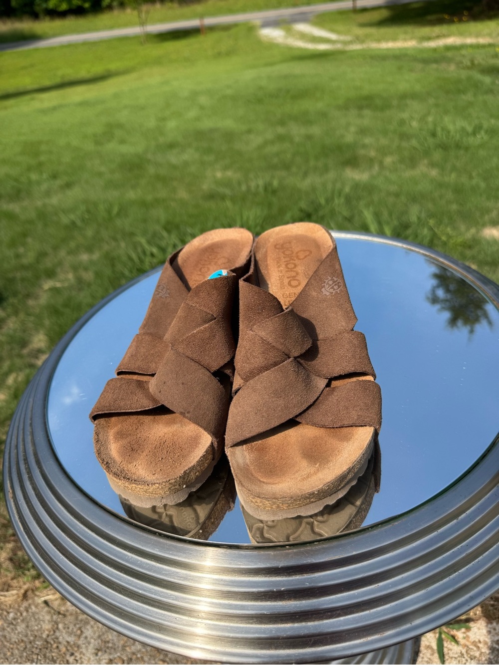 Brown Suede Woven Slide Sandals